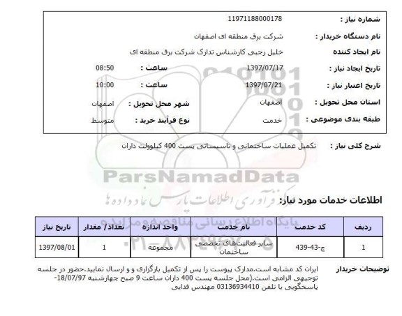 استعلام, تکمیل عملیات ساختمانی و تاسیساتی پست 400 کیلوولت