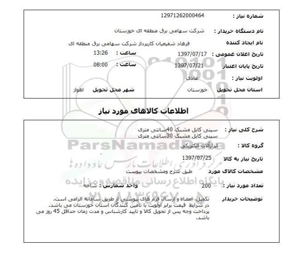 استعلام سینی کابل مشبک