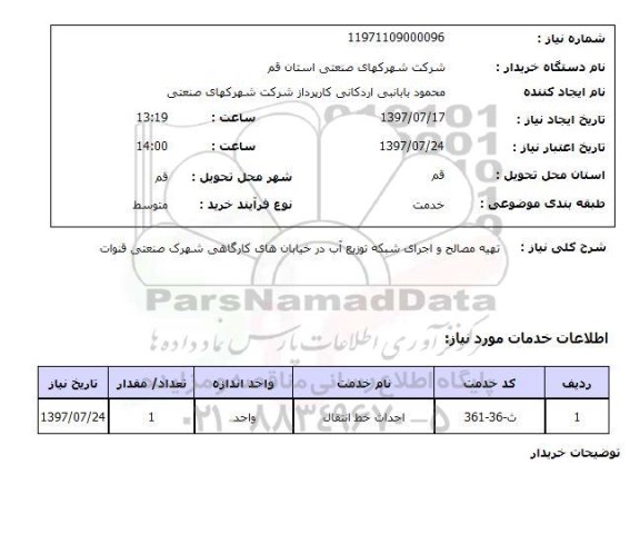 استعلام , استعلام    تهیه مصالح و اجرای شبکه توزیع آب در خیابان های