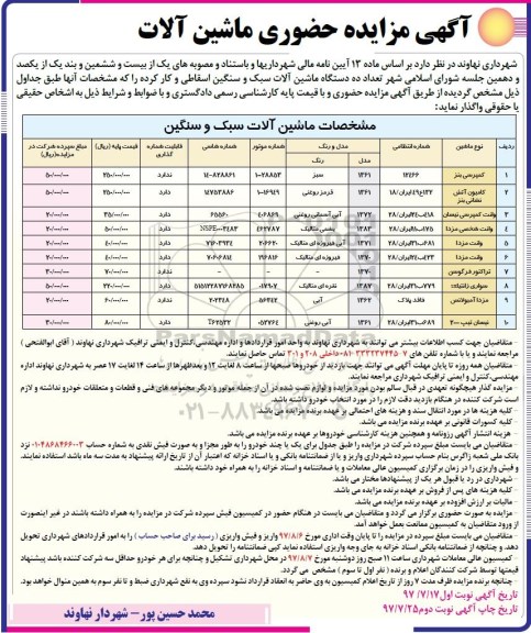 آگهی مزایده حضوری , مزایده تعداد ده دستگاه ماشین آلات سبک و سنگین اسقاطی و کارکرده
