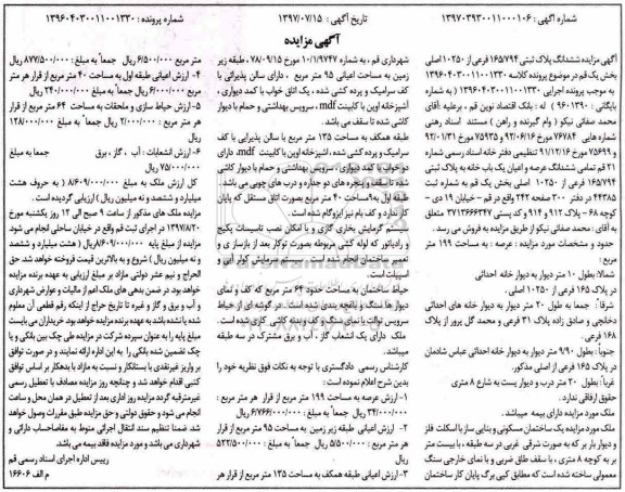 مزایده،مزایده ششدانگ پلاک ثبتی مساحت عرصه 199متر