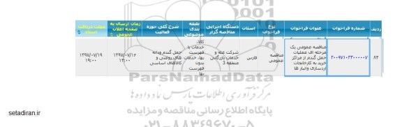 آگهی مناقصه, مناقصه عمومی عملیات حمل گندم از مراکز خرید به کارخانجات 