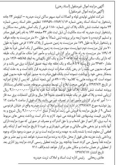 مزایده,مزایده ششدانگ پلاک ثبتی شماره 11180 فرعی 