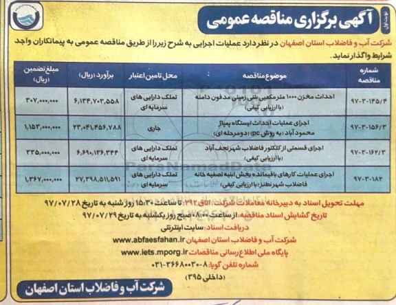 آگهی برگزاری مناقصه عمومی, مناقصه احداث مخزن 1000 متر مکعبی بتنی، اجرای عملیات احداث ایستگاه و...