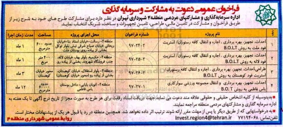 فراخوان, فراخوان  احداث، بهره برداری اجاره و انتقال کافه رستوران، استریت فود ملت به روش B.O.L.T
