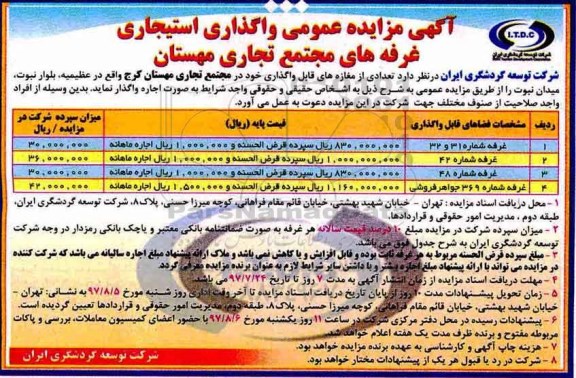 مزایده عمومی,مزایده واگذاری استیجاری غرفه های مجتمع تجاری 