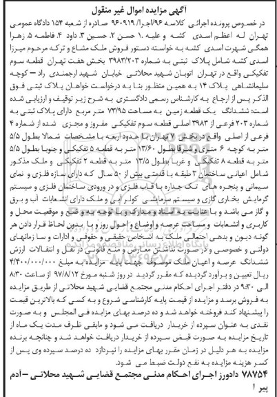 مزایده، مزایده ششدانگ زمین مساحت 73.95متر