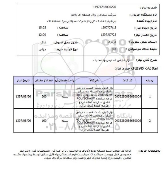 استعلام, استعلام نوار عایقی استرس و ماستیک