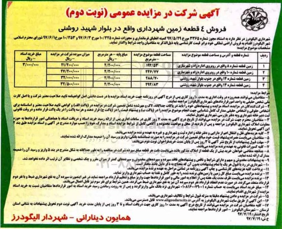 مزایده,مزایده فروش 4 قطعه زمین شهرداری نوبت دوم 