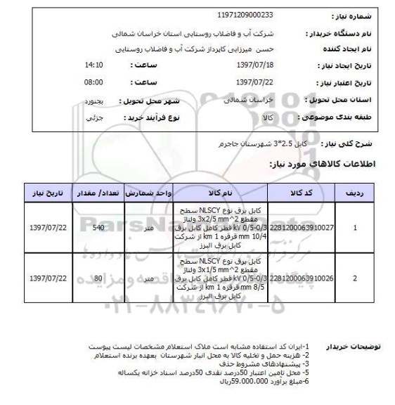 استعلام,استعلام کابل 2.5*3 شهرستان جاجرم 