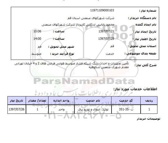 استعلام, استعلام تامین تجهیزات و احداث رینگ شبکه فشار متوسط هوایی