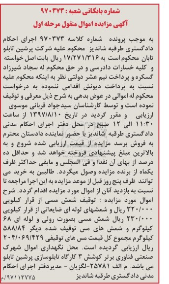 مزایده, مزایده شمش مسی و...