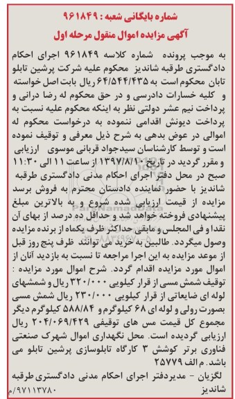 مزایده, مزایده شمش مسی و...