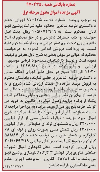 مزایده, مزایده شمش مسی و...