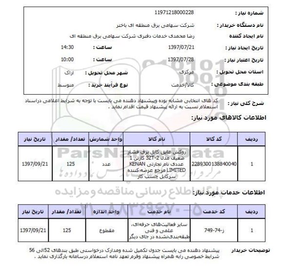 استعلام, روکش عایق کابل برق فشار ضعیف 