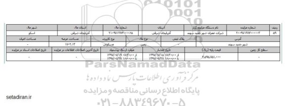 مزایده,مزایده زمین مسکونی مساحت عرصه 1702.13متر