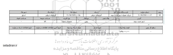 مزایده,مزایده زمین کاربری تجهیزات شهری مساحت 58متر