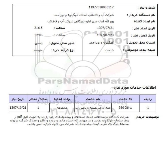 استعلام, جمع آوری، تصفیه و تامین آب 	