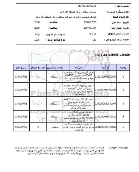 استعلام, اجاق گاز ، سرویس ظروف قابلمه تفلون و ..