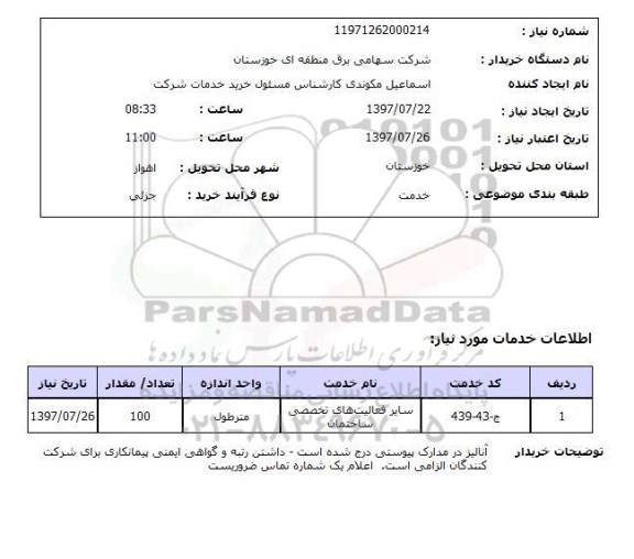 استعلام, استعلام سایر فعالیت های تخصصی ساختمان