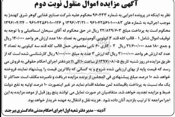 اگهی مزایده , مزایده کله قند 