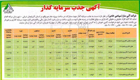 آگهی, آگهی جذب سرمایه گذار جهت مشارکت در ساخت پروژه جام جم