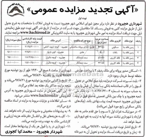 مزایده,مزایده فروش املاک کاربری مسکونی و باغات