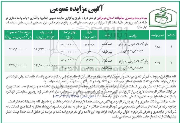 آگهی مزایده عمومی, مزایده واگذاری 2 باب واحد تجاری