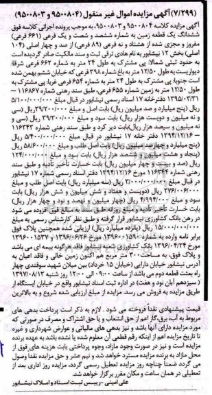 مزایده ،مزایده ششدانگ زمین مساحت 300متر
