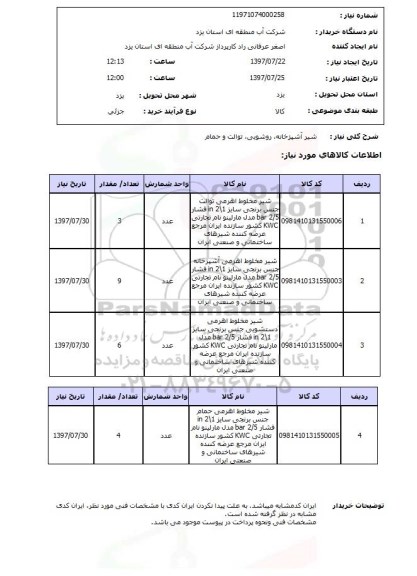 استعلام, استعلام شیر آشپزخانه، روشویی، توالت و حمام ...