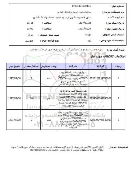 استعلام,استعلام تهیه و نصب سوئیچ و رک و کابل کشی فیبر نوری طبق ایران کد اعلامی