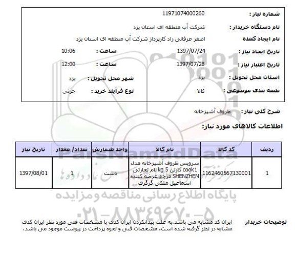 استعلام, استعلام ظروف آشپزخانه