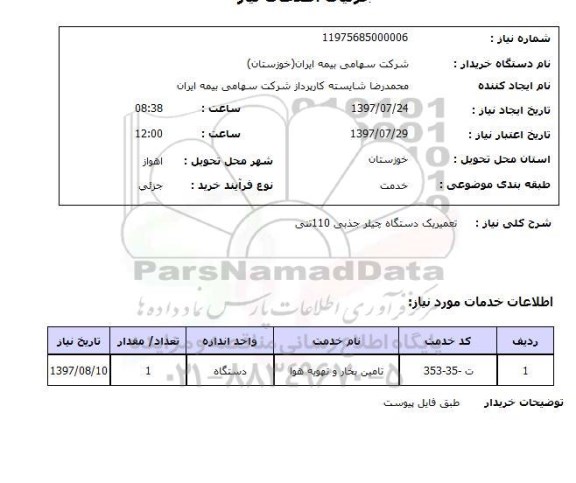 استعلام, تعمیر یک دستگاه چیلر جذبی 110 تنی 
