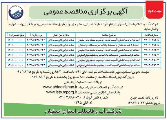 آگهی برگزاری مناقصه عمومی, مناقصه احداث 5 باب ساختمان تاسیسات چاه آب - نوبت دوم 