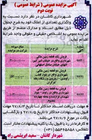 مزایده، مزایده واگذاری تعدادی از املاک شامل 6 قطعه زمین نوبت دوم