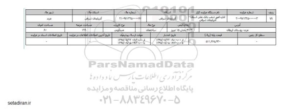 مزایده,مزایده ساختمان مسکونی مساحت عرصه 138 متر بخش 15 تبریز