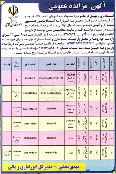 آگهی مزایده عمومی , مزایده فروش 6 دستگاه خودرو کارکرده مازاد بر نیاز