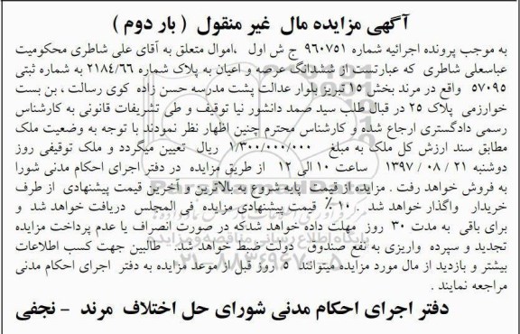 مزایده,مزایده ششدانگ عرصه و اعیان به پلاک شماره 2184/66 بخش 15 تبریز