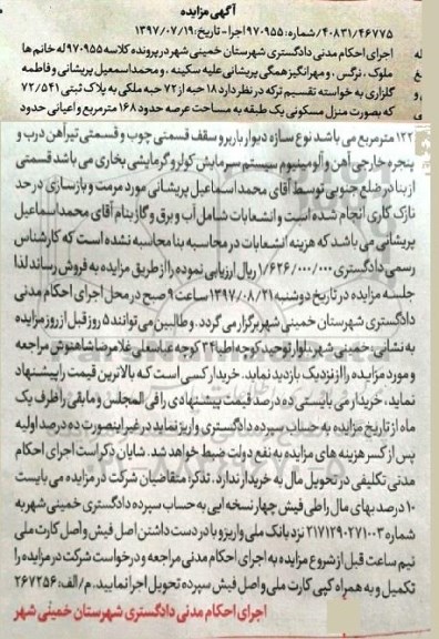 مزایده, مزایده 18 حبه از 72 حبه ملکی به پلاک ثبتی 72/541 عرصه 168متر 
