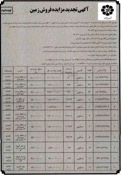 مزایده، مزایده فروش 11 قطعه زمین کاربری مسکونی نوبت دوم