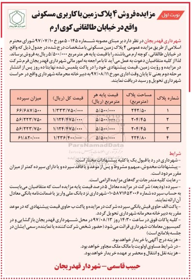 مزایده ,مزایده فروش 4 پلاک زمین کاربری مسکونی