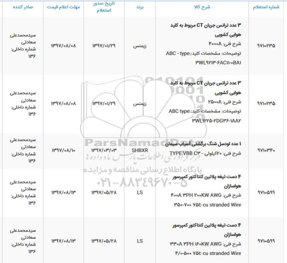 استعلام, استعلام 3 عدد ترانس جریان CT مربوط به کلید هوایی کشویی