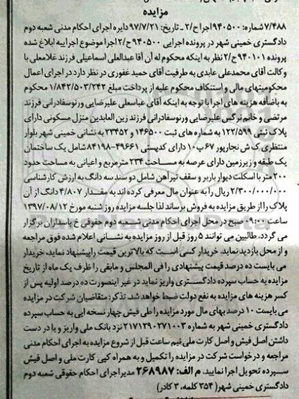 مزایده,مزایده منزل مسکونی مساحت عرصه 234متر