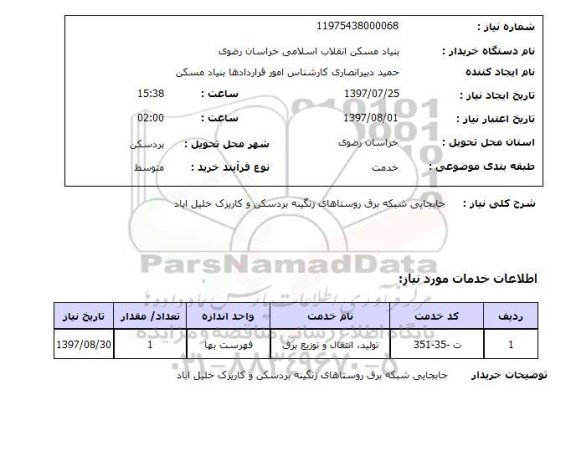 استعلام, استعلام جابجایی شبکه برق روستا