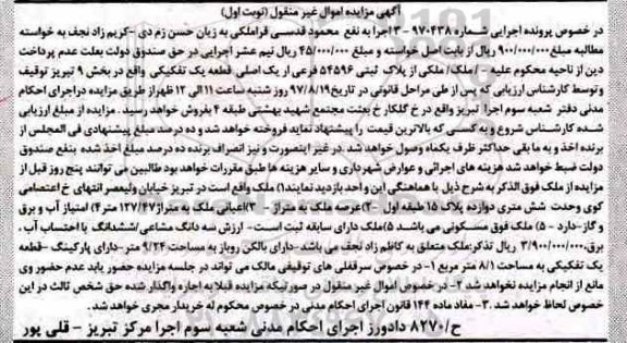 مزایده,مزایده ملک قطعه 1 تفکیکی بخش نه تبریز 