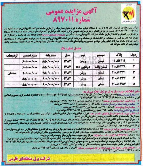 آگهی مزایده عمومی , مزایده فروش 5 دستگاه خودرو سبک 