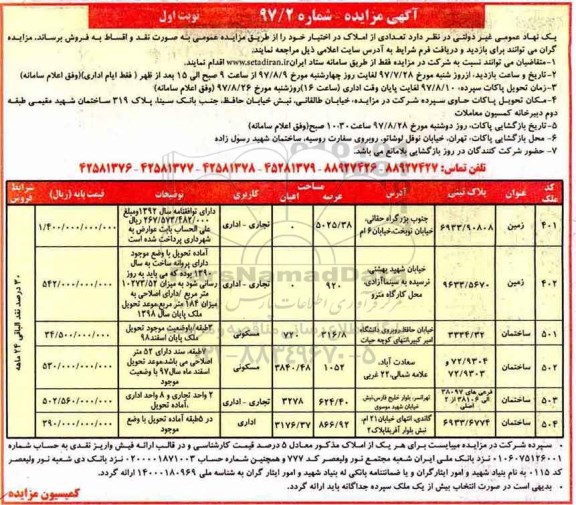 مزایده,مزایده تعدادی از املاک در اختیار خود 