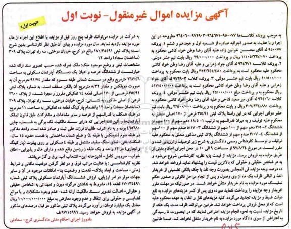 مزایده,مزایده ششدانگ عرصه و اعیان یک دستگاه آپارتمان مسکونی