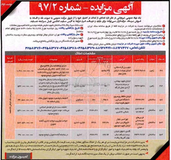 مزایده,مزایده تعدادی از املاک در اختیار خود نوبت دوم 