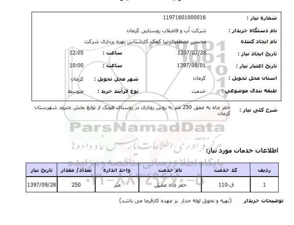استعلام, حفر چاه عمق 250 متر به روش روتاری 